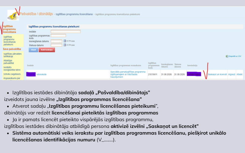 Izglītības iestādes dibinātājs sadaļā „Pašvaldība/dibinātajs” izveidota jauna opcija „Izglītības programmas licencēšana”.  Atverot sadaļu „Izglītības programmu licencēšanas pieteikumi” var redzēt licencēšanai pieteiktu izglītības programmu. Ja ir pamats licencēt pieteikto vispārējās izglītības programmu, izglītības iestādes dibinātāja atbildīgā persona* nospiež pogu „Saskaņot un licencēt” un sistēma automātiski veiks ierakstu par izglītības programmas licencēšanu, piešķirot unikālo licencēšanas identifikāci