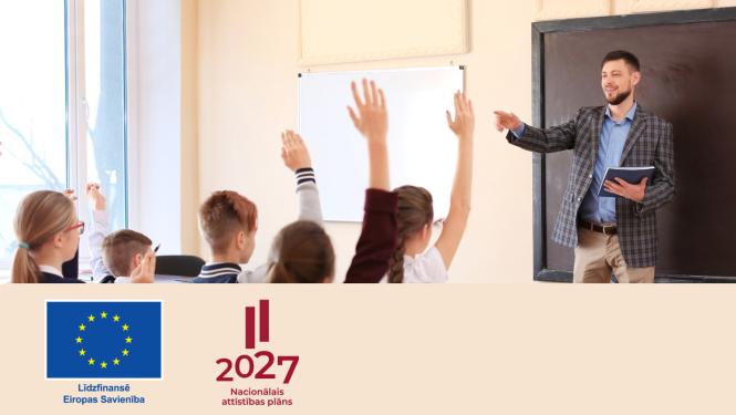 Līdzfinansē Eiropas Savienība, Nacionālais attīstības plāns logo, skolotājs ar skolēniem klasē, ilustratīvs attēls