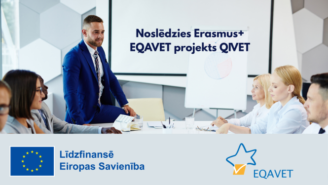 Noslēdzas Erasmus+ EQAVET projekts QIVET. Pieaugušie sarunājas pie galda. "Līdzfinansē Eiropas Savienība" un EQAVET logo