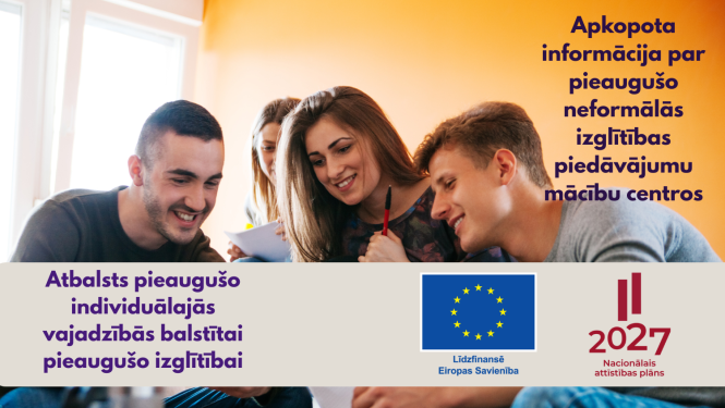 Pieaugušie mācās, Atbalsts pieaugušo individuālajās vajadzībās balstītai pieaugušo izglītībai,ESF+ , Nacionālā attīstības plāna logo