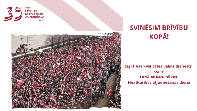 Daudzu cilvēku mītiņš ar Latvijas karogiem rokās, Latvijas Neatkarības atjaunošana 35 logo, Svinēsim brīvību kopā