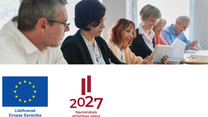 Ilustratīvs attēls ar cilvēkiem, Līdfinansē ES (logo), Nacionālais attīstības plāns (logo)