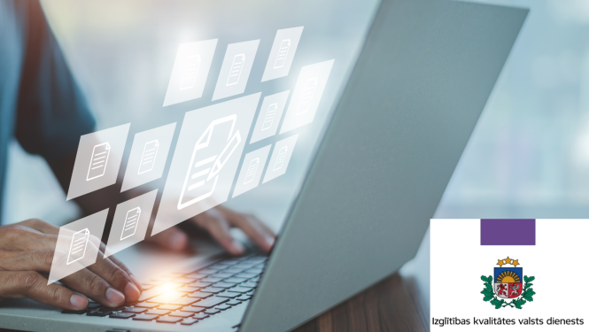 Izglītības kvalitātes valsts dienesta logo, ilustratīvs attēls ar datoru un dokumentiem