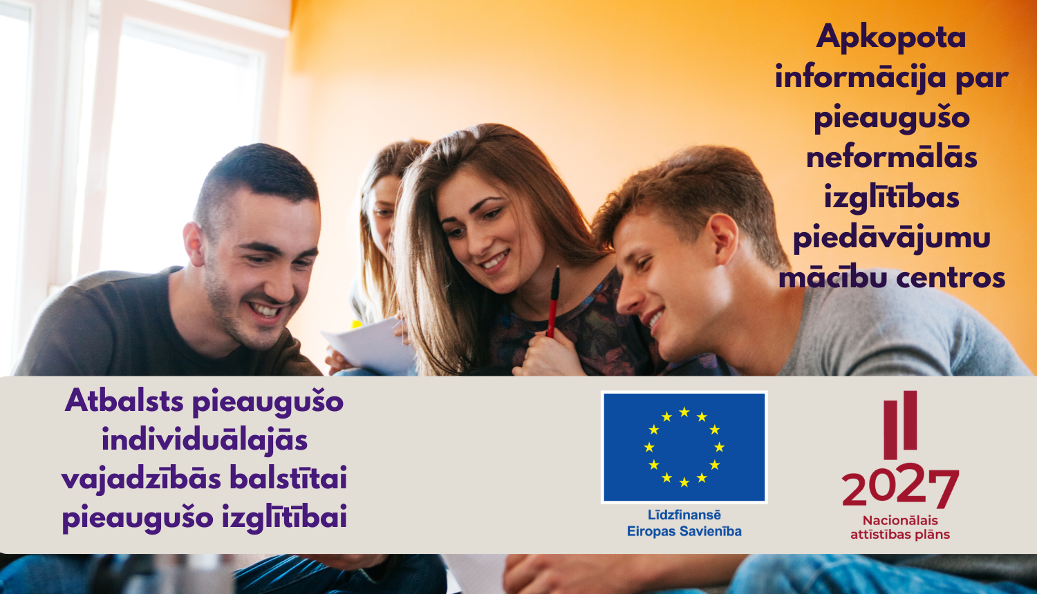 Pieaugušie mācās, Atbalsts pieaugušo individuālajās vajadzībās balstītai pieaugušo izglītībai,ESF+ , Nacionālā attīstības plāna logo